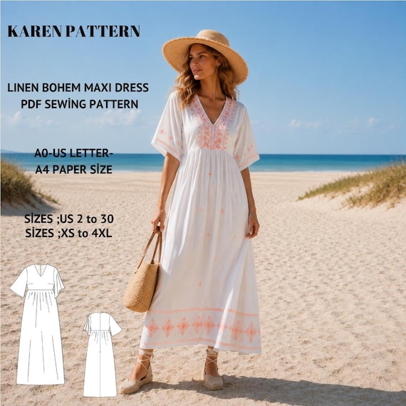 bohemian maxi dress sewing pattern Linen PDF Pattern, V-Neck Summer Sundress (Instant Download) Gathered Sundress hellokitty long sleeve black dress size:Small