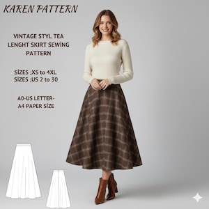 Puede incluir: Una mujer con un suéter crema y una falda a cuadros marrón. La imagen incluye texto: "KAREN PATTERN", "VINTAGE STYL TEA LENGHT SKIRT SEWING PATTERN" e información de tallas. Se muestran dos ilustraciones de patrones de falda.