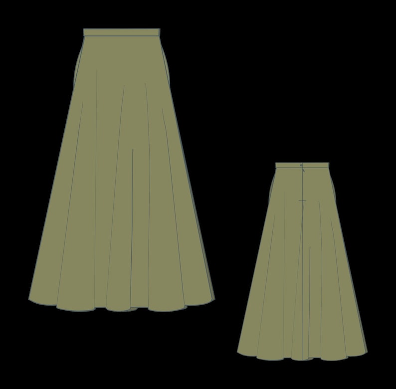 May include: Two olive-green, high-waisted skirts are displayed against a black background. The skirts have a flowing, A-line silhouette, with a fitted waistband and a long, flared hemline. The design features vertical pleats for added volume and movement.