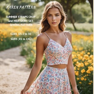 Patrón de conjunto de verano Cottagecore, top corto con tirantes y falda midi, tallas A0-A4-Carta; EE. UU. 2 a 30 (Nuestra colección incluye opciones de tallas grandes)