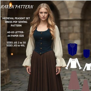 Patrón de vestido, falda, blusa y corsé de estilo campesino renacentista medieval, hada, regencia, vestido de elfo, falda larga, vestido elegante, tallas 2 a 30 de EE. UU.