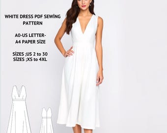 White Midi Dress Sewing Pattern:Elopement Wedding Dress (Digital Download)