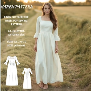 Linen Cottagecore Maxi Dress Sewing Pattern: XS-4XL (Digital Download)