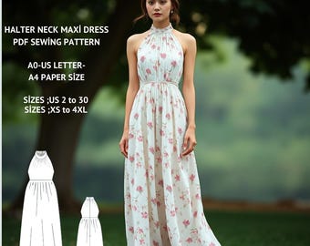 Halter Neck Maxi Dress Sewing Pattern: Chiffon Sundress (XS-4XL) (Digital Download)