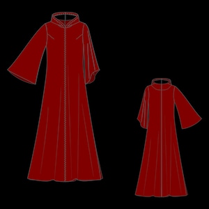 May include: Two red, long-sleeved robes with flared sleeves and high collars are displayed against a black background. The robes have a vertical seam down the front with decorative stitching. One robe is larger than the other.
