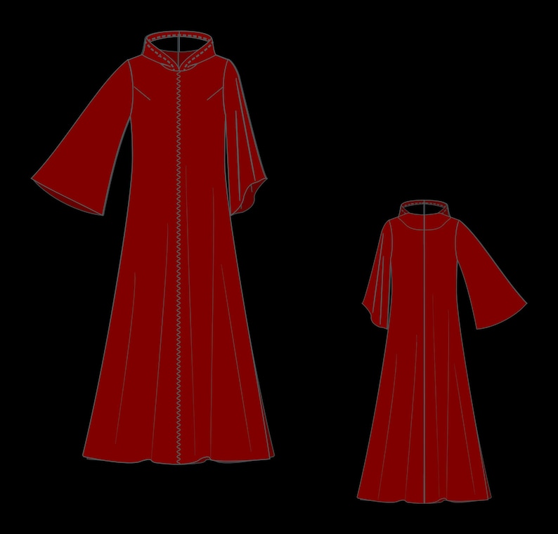 May include: Two red, long-sleeved robes with flared sleeves and high collars are displayed against a black background. The robes have a vertical seam down the front with decorative stitching. One robe is larger than the other.