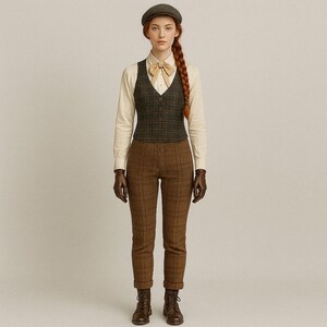 May include: A woman wearing a vintage-inspired outfit. The ensemble includes a tweed vest, brown plaid pants, a white button-down shirt, a bow tie, and a newsboy cap. The outfit is completed with brown leather gloves and boots. The overall aesthetic is classic and refined.
