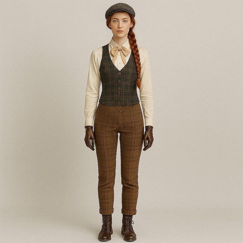 May include: A woman wearing a vintage-inspired outfit. The ensemble includes a tweed vest, brown plaid pants, a white button-down shirt, a bow tie, and a newsboy cap. The outfit is completed with brown leather gloves and boots. The overall aesthetic is classic and refined.