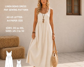 Linen Maxi Dress Sewing Pattern, Boho Sundress, Cottagecore Style (PDF Download)