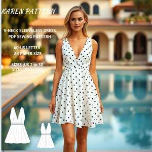 Patrón de costura de vestido sin mangas con cuello en V, patrón de vestido de cumpleaños, patrón de vestido de verano, patrón de costura en PDF, tamaño A4-US Carta A0-US 2 a 30Xs-4Xl