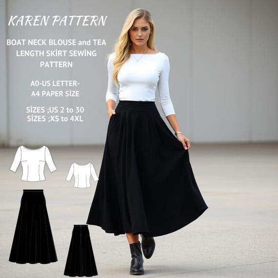 Boat Neck Blouse & Maxi Skirt Sewing Pattern Set(PDF Download XS-4XL)
