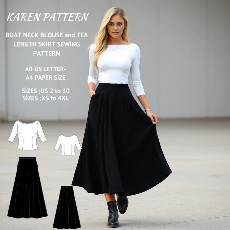 Boat Neck Blouse & Maxi Skirt Sewing Pattern Set(PDF Download XS-4XL) image 1