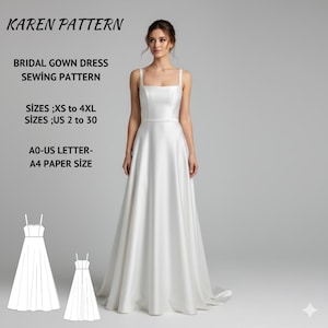Pode incluir: Um vestido de noiva branco com decote quadrado e alças finas. O vestido tem uma saia fluida em forma de A. A imagem inclui o texto "KAREN PATTERN" e detalhes sobre o padrão de costura, incluindo tamanhos XS a 4XL e tamanhos US 2 a 30.