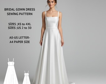 Bridal Gown PDF Pattern – Minimal Square Neck Dress (US 2-30, XS-4XL)