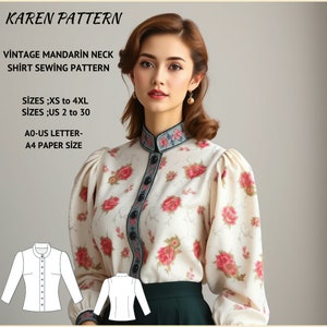 Vintage Mandarin Neck Shirt Sewing Pattern:US 2-30, XS-4XL (Digital Download)