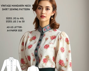 Modello di cucito per camicia vintage con collo alla coreana: US 2-30, XS-4XL (download digitale)