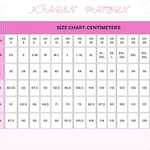 May include: A size chart in pink and white with the text "Size Chart - Centimeters" at the top. The chart lists US sizes 2-30, international sizes XS-4XL+, and European sizes 32-60. Measurements are listed in centimeters for bust/chest circumference, waist circumference, and hips circumference.