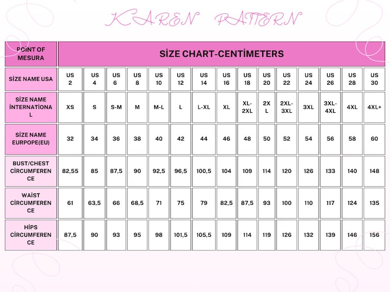 May include: A size chart in pink and white with the text "Size Chart - Centimeters" at the top. The chart lists US sizes 2-30, international sizes XS-4XL+, and European sizes 32-60. Measurements are listed in centimeters for bust/chest circumference, waist circumference, and hips circumference.