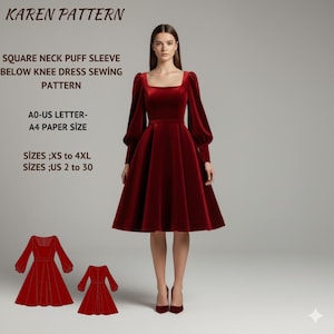 May include: A burgundy square neck puff sleeve below knee dress. The dress has long sleeves and a flared skirt. The image also includes a sewing pattern with the text "KAREN PATTERN" and sizing information.