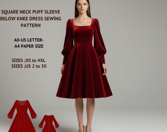 Elegante fluwelen baljurk, rode jurk met pofmouwen en vierkante hals, kerstfeestjurk, vintage uitlopende naaipatroon onder de knie, (pdf-patroon)