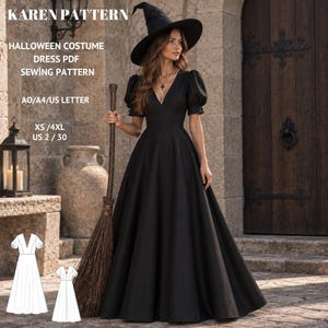 Op de afbeelding: Een zwarte vloerlange jurk met pofmouwen en een V-hals, gecombineerd met een puntige heksenhoed en een bezem. Tekst: KAREN PATTERN, HALLOWEEN COSTUME DRESS PDF SEWING PATTERN, A0/A4/US LETTER, XS/4XL, US 2/30. Inclusief een witte lijntekening.