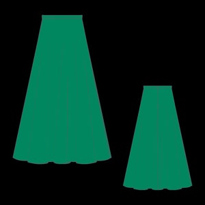May include: Two teal green skirts, one longer than the other, with a simple, straight silhouette.