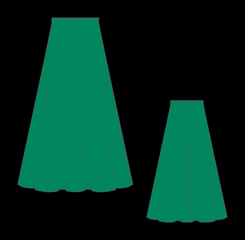 May include: Two teal green skirts, one longer than the other, with a simple, straight silhouette.