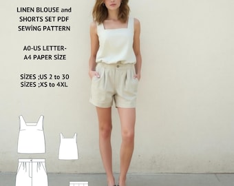 Patrón de costura para blusa y pantalones cortos de lino para mujer, tallas XS-4XL (patrón PDF)