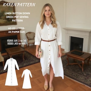 Button Linen Down Dress Sewing Pattern,Linen Midi Dress Sewing Pattern,Button Front Dress, Million Button Dress, XS-4XL