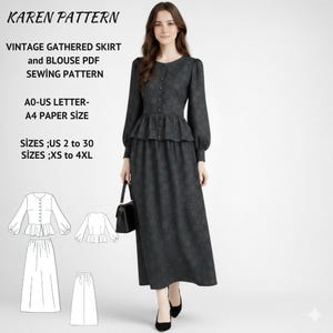 May include: A woman wearing a dark gray vintage gathered skirt and blouse. The image includes a sewing pattern with the text "KAREN PATTERN", "VINTAGE GATHERED SKIRT and BLOUSE PDF SEWING PATTERN", "AO-US LETTER- A4 PAPER SIZE", and sizes US 2 to 30 and XS to 4XL.