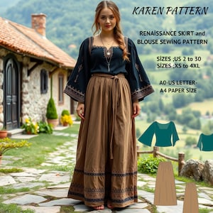 Patrón de conjunto de falda y blusa medieval renacentista, hada, regencia, vestido de elfo, falda midi, vestido elegante, tamaño A0, A4, carta de EE. UU., talla 2 a 30 de EE. UU.