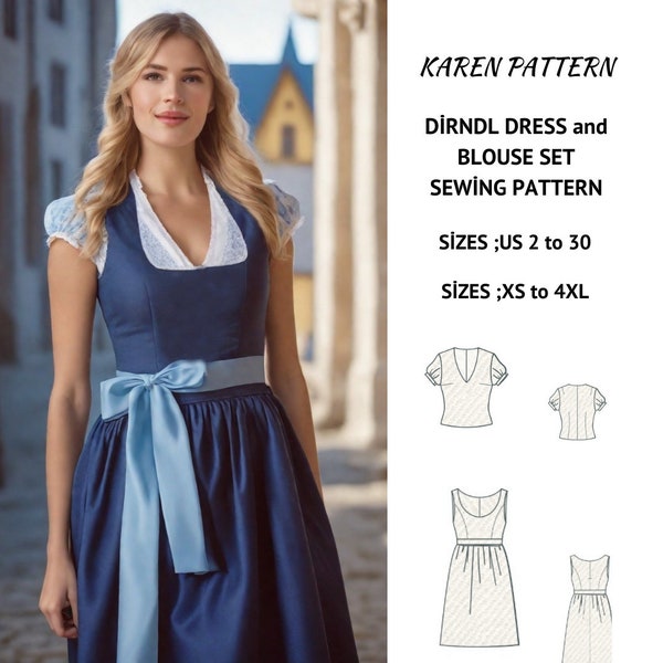 Nähmuster für österreichisches Vintage-Kleid und Schürze, Dirndlkleid in Übergröße, Dirndlschürze, Oktoberfest-Dirndl, A4, US-Buchstaben 36-38-40-42-44 Größen