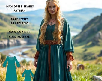 Bishop Sleeve Maxi Dress Sewing Pattern: Renaissance Medieval, Viking, Fairy (XS-4XL) (PDF Pattern)