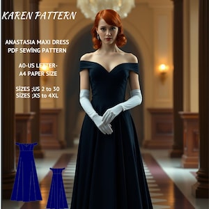 May include: A PDF sewing pattern for a maxi dress called Anastasia. The pattern is available in sizes UK 6 to 18 and XS to 4XL. The pattern is printed on A4 paper and is available in AO-US letter size.