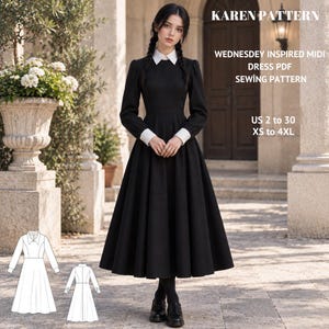 Puede incluir: Un vestido midi negro de manga larga con cuello puntiagudo blanco y puños blancos. El texto dice: KAREN PATTERN, WEDNESDEY INSPIRED MIDI DRESS PDF SEWING PATTERN, US 2 to 30, XS to 4XL. Incluye un dibujo lineal blanco del vestido frontal y trasero.