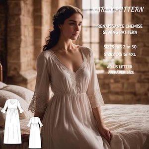 Renaissance Chemise Sewing Pattern,Cottagecore Chemise,Fairy,Regency,Elvish dress,Medieval Nightgown,Gathering skirt,Regency,A0 A4,US 2 to30