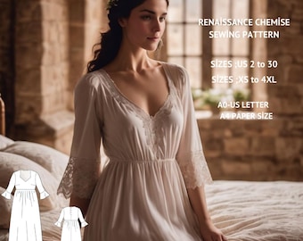 Patrón de costura para camisola renacentista: Vestido cottagecore, de hadas y élfico (A0 A4, US 2-30) (patrón en PDF)