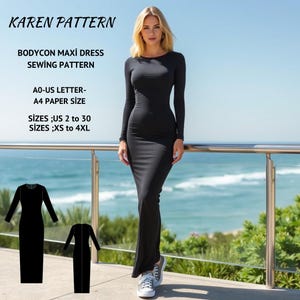 Bodycon Maxi Dress Sewing Pattern,Stretch Dress,Evening Dress,Casual Dress,Pencil Dress,Formal Dress,A0,A4-US Letter,US; 2 to 30,XS-4XL
