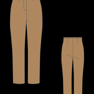 May include: Two pairs of tan-colored trousers are displayed against a black background. The full-length pair is on the left, and a shorter version is on the right. Both pairs have a button closure and a straight leg design.