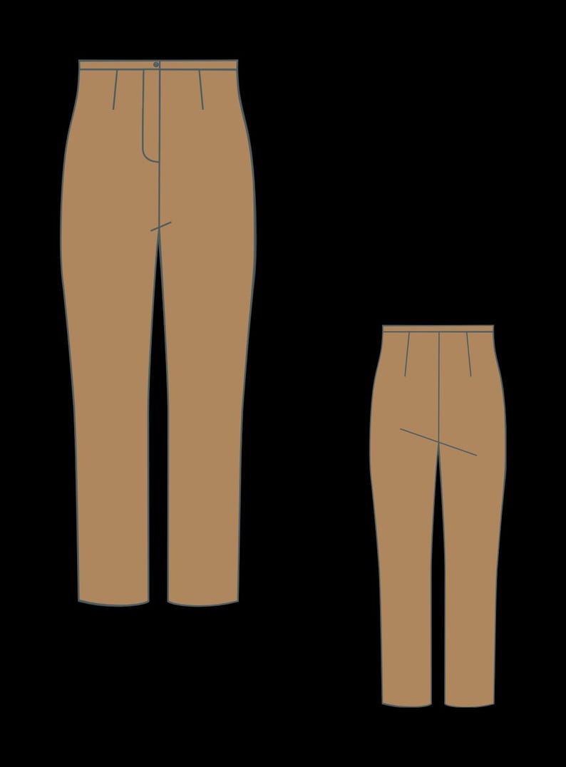 May include: Two pairs of tan-colored trousers are displayed against a black background. The full-length pair is on the left, and a shorter version is on the right. Both pairs have a button closure and a straight leg design.