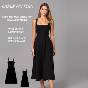 Padrão de costura de vestido midi regata, padrão de vestido de baile, padrão de vestido de dama de honra, vestido linha A, padrão de costura de vestido cottagecore, carta A4 AO US