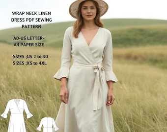 Linen Wrap Dress Sewing Pattern:Plus Size XS-4XL (PDF Pattern)