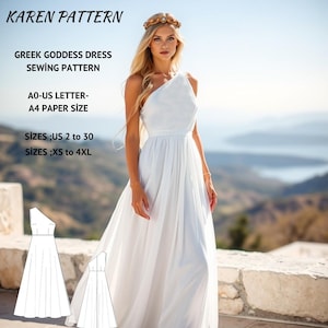 Vestido estilo diosa griega, vestido de un solo hombro, patrón de costura para disfraces, patrón de costura para vestido de diosa (tallas A4-A0-US, XS-4XL)
