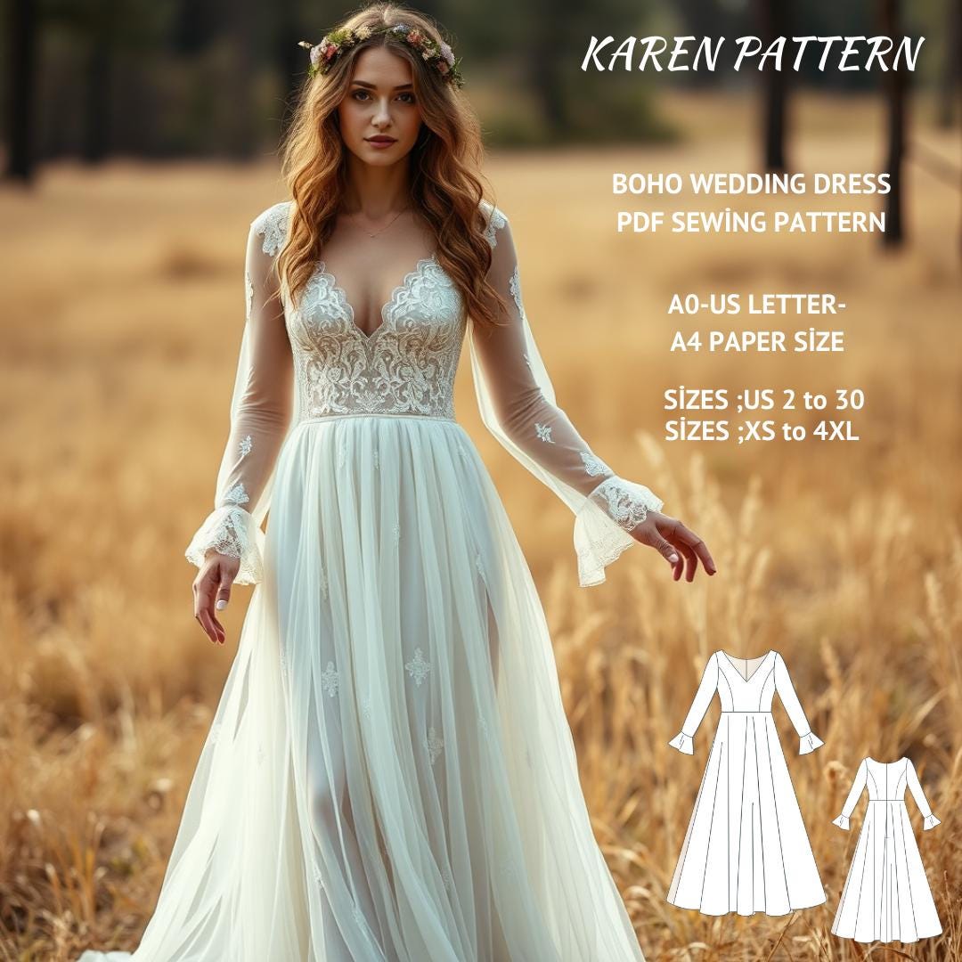 Boho Wedding Maxi Dress Sewing Pattern XS4XL (A4, A0, US Letter) (PDF — free download