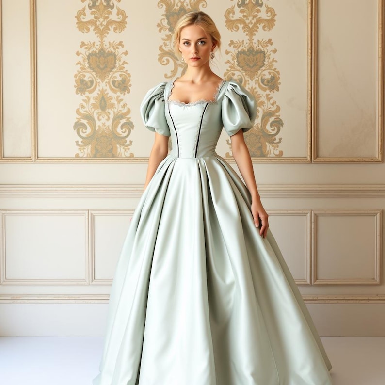May include: A woman wearing a light green satin ball gown with a black trim and puffed sleeves. The gown has a fitted bodice and a full skirt.