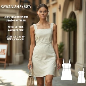 Linen A-Line Mini Dress Pattern,Linen Dress Sewing Pattern,Summer Dress,Sleeveless Dress,Mini Dress Pattern,A4 A0 US 2-30 and XS - 4XL