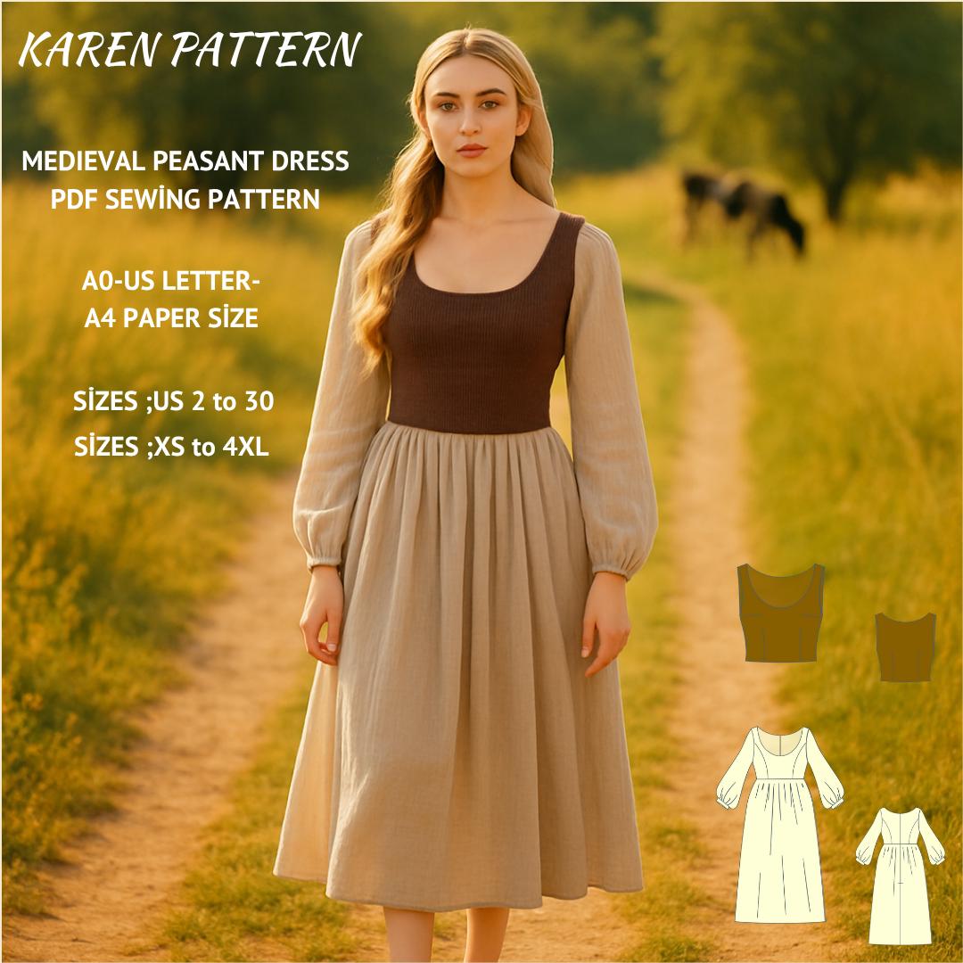 Medieval Peasant Dress Sewing Pattern: Prairie, Linen, Calico (XS-4XL) (PDF Pattern)