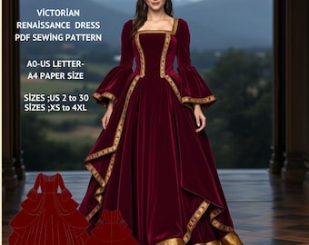 Renaissance Dress Sewing Pattern:Victorian Cosplay, Elvish Gown (A0 A4 US Letter) (PDF Pattern)
