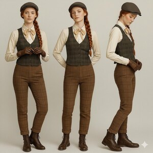 May include: A three-panel image showcases a vintage-inspired ensemble. The outfit includes a tweed vest, plaid trousers, a cream-colored button-down shirt, a bow tie, and a newsboy cap. The look is completed with leather gloves and boots, creating a classic, timeless aesthetic.