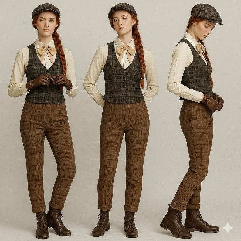 May include: A three-panel image showcases a vintage-inspired ensemble. The outfit includes a tweed vest, plaid trousers, a cream-colored button-down shirt, a bow tie, and a newsboy cap. The look is completed with leather gloves and boots, creating a classic, timeless aesthetic.